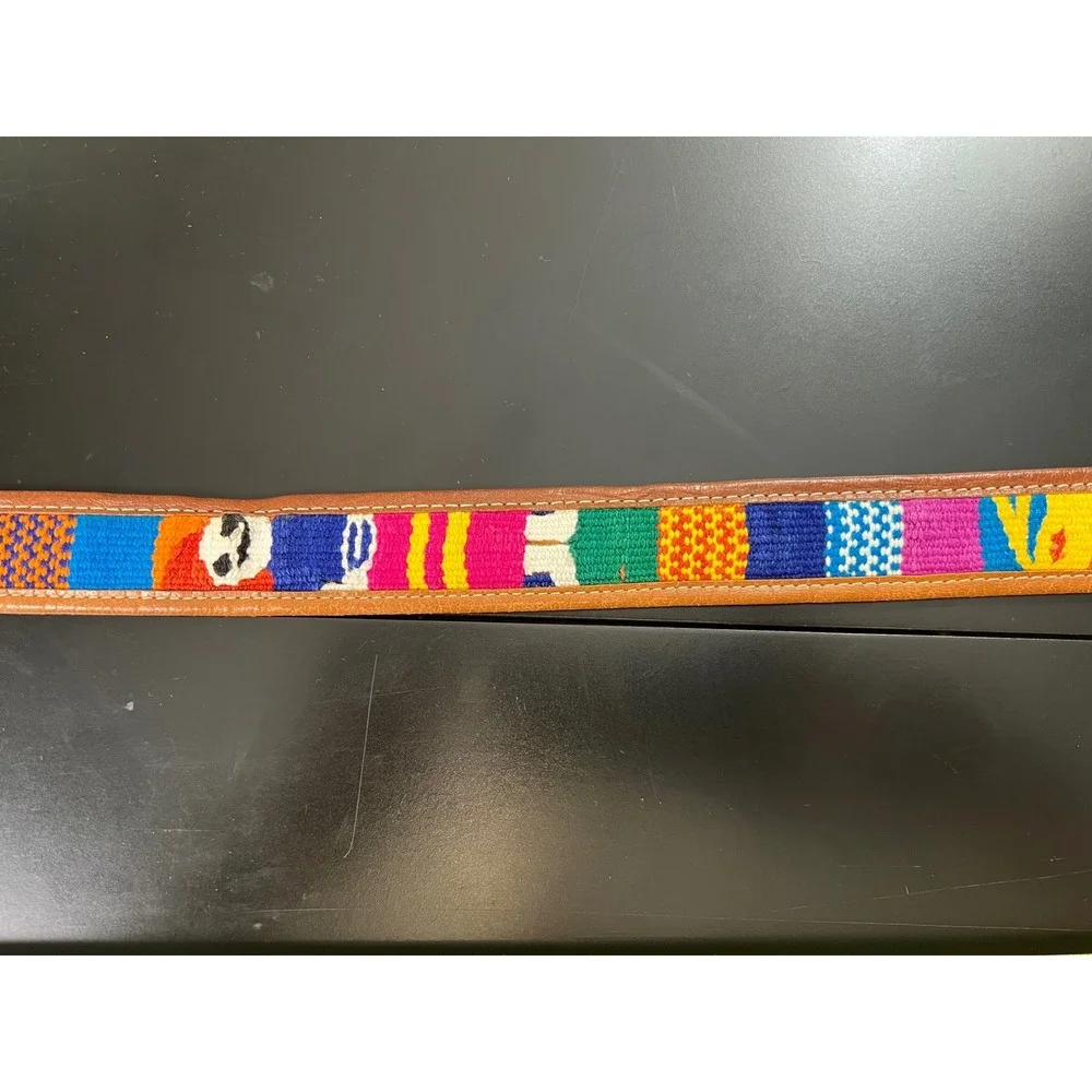 Vintage‎ Handcrafted Tan Leather Woven Textile Boho Belt Multicolor 42 Inch